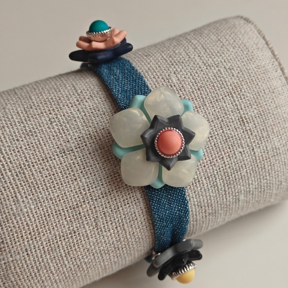 Handmade Resin Bracelet Denim Band Floral Charm Blue Chunky Resin Flower Korean